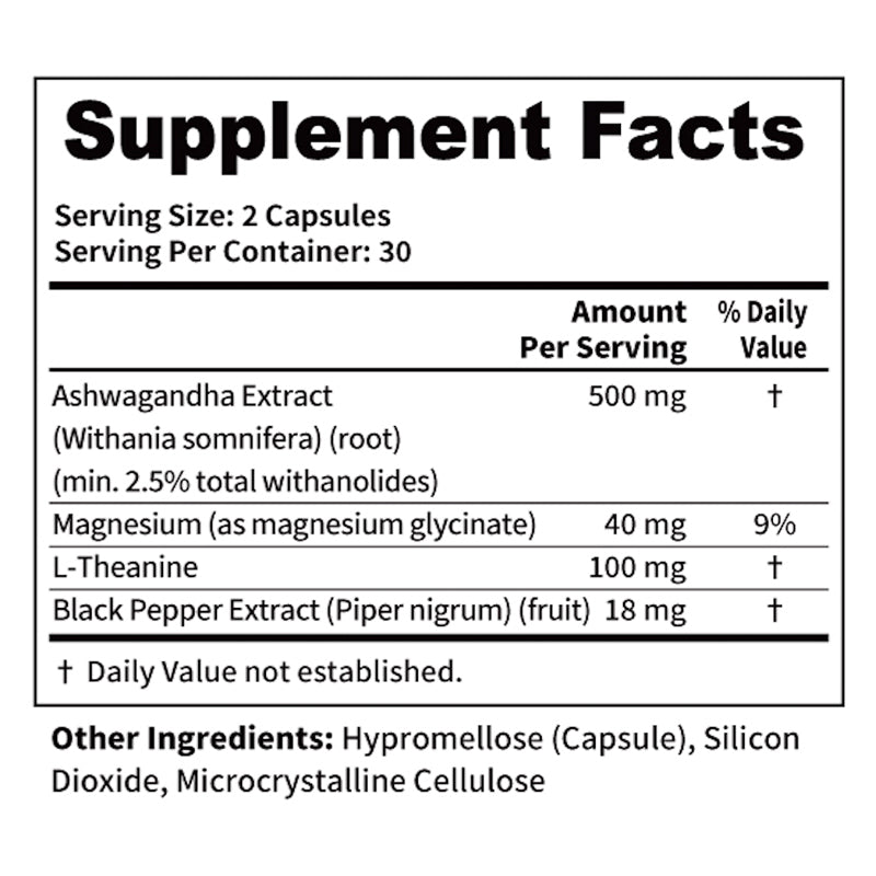 Ashwagandha Supplement with magnesium glycinate, L-Theanine | 60 Capsules | for Women and Men | Herbal Root Extract | Non-GMO, Gluten Free
