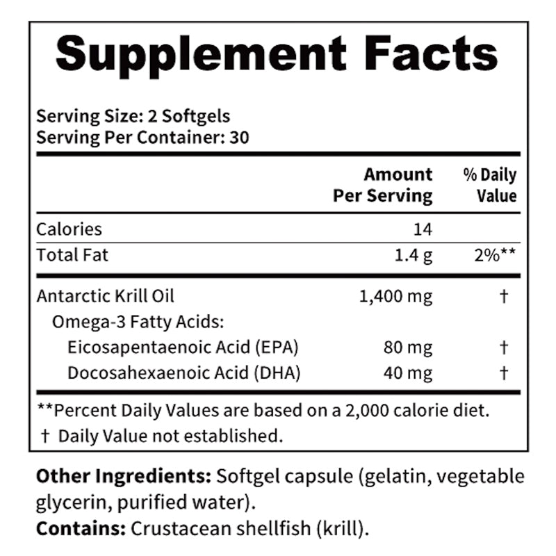 Antarctic Krill Oil 1400mg – Omega-3 Supplement with EPA & DHA – Supports Heart, Brain, and Joint Health – 60 Softgels, 30 Servings