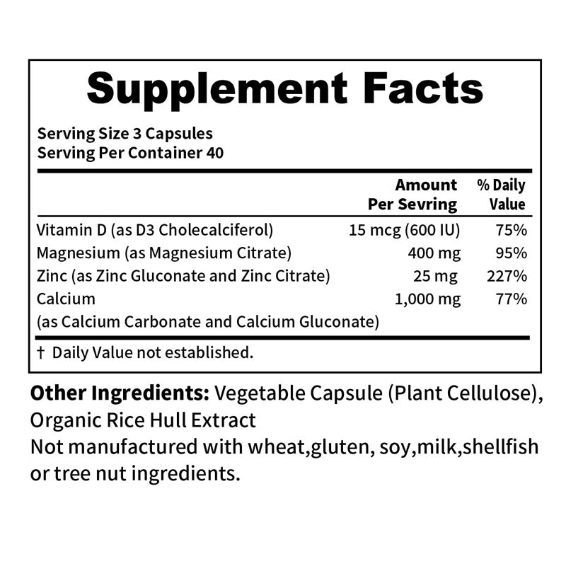 Calcium Magnesium Zinc VitaminD3 Capsules, Support Immune & Bone Health, 120 Count