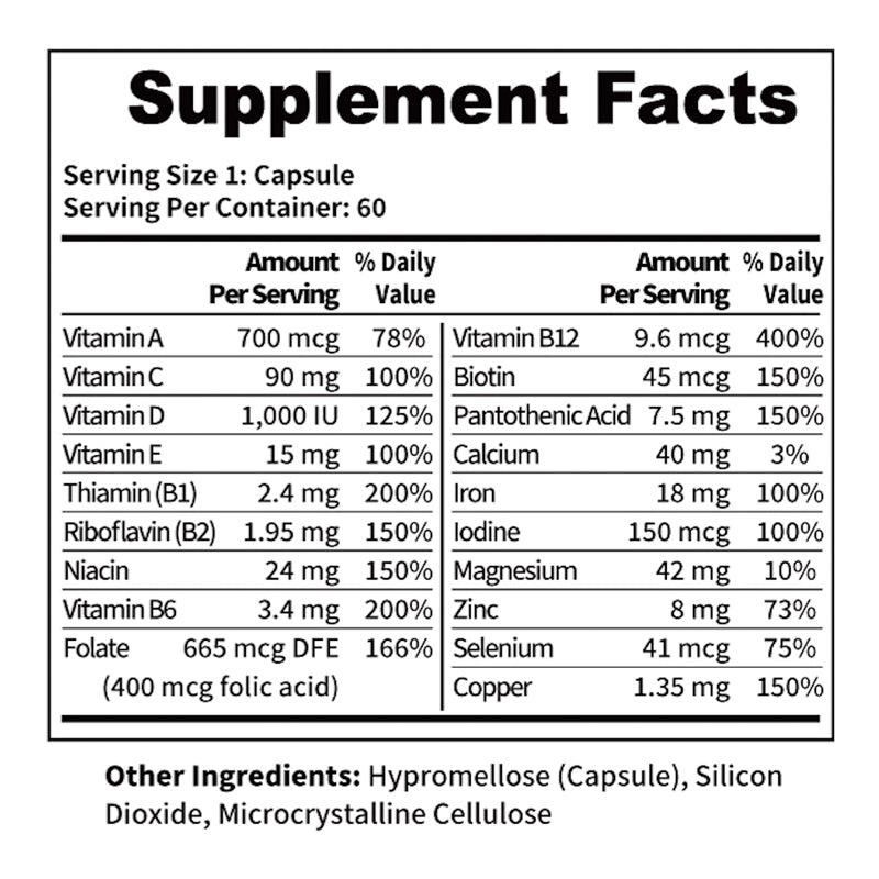 Daily Multivitamin for Women – 20 Essential Vitamins & Minerals, High Potency B-Complex, Immune, Energy & Bone Support – 60 Capsules, 2 Month Supply