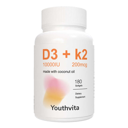 Vitamin D3 K2 with Coconut Oil, D3 10000 IU Plus K2 (MK-7) 200 mcg, Supports Calcium Absorption, Bone Health, 180 Count Softgels