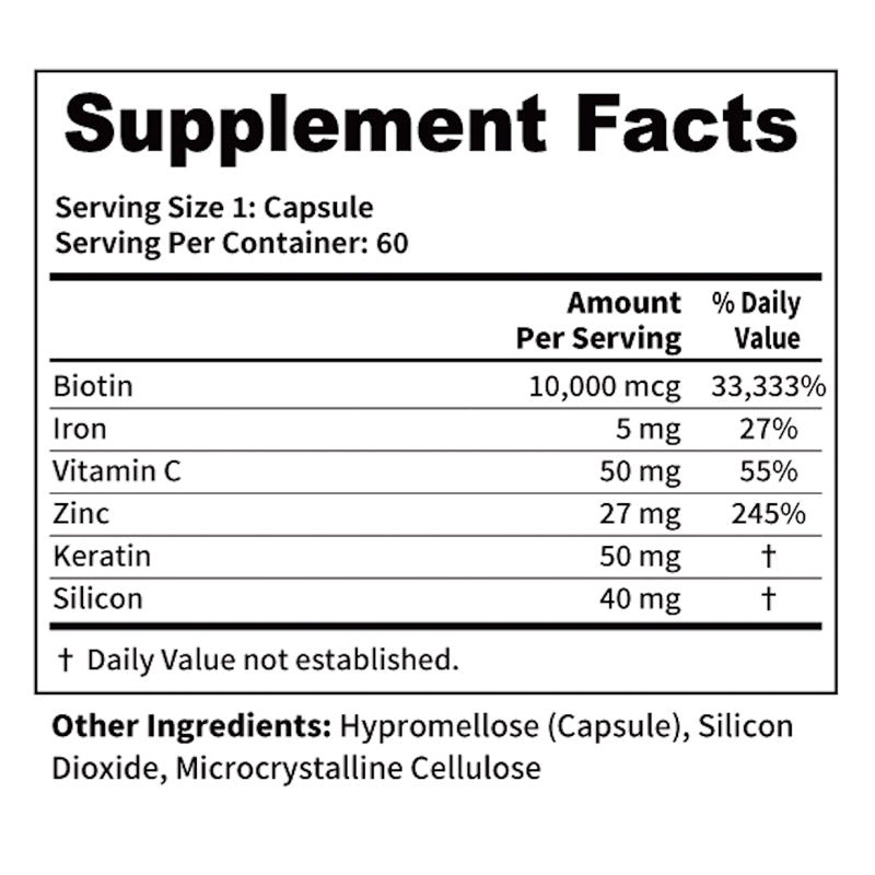 Premium Hair, Skin & Nails Supplement – Biotin 10,000mcg, Keratin, Zinc, Iron, Vitamin C & Silicon – Strengthen Hair & Nails, Boost Glow – 60 Capsules