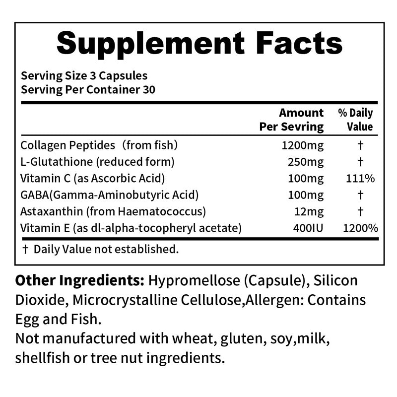 Collagen Peptides L-Glutathione Vitamin C GABA Astaxanthin Vitamin E,Support Skin Health,90 Capsules
