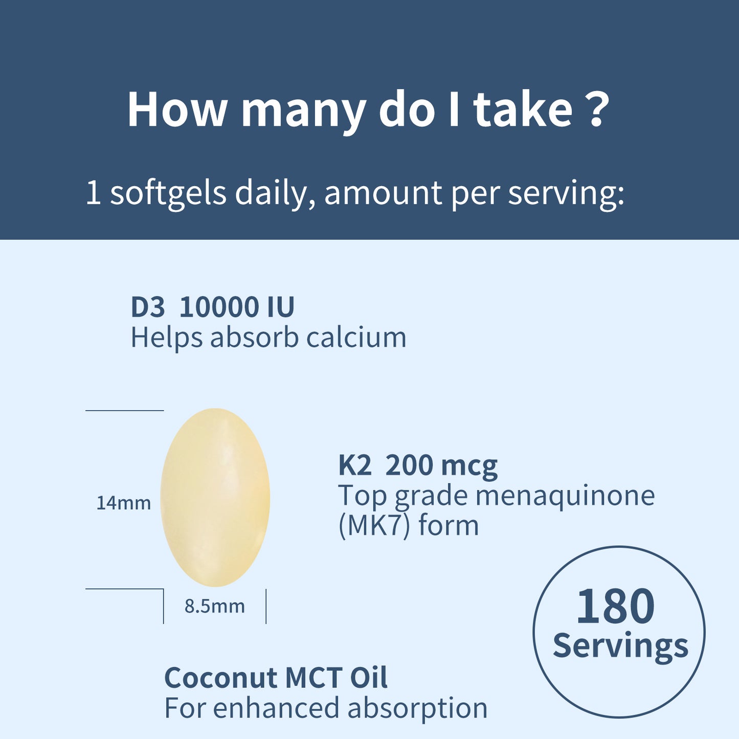 Vitamin D3 K2 with Coconut Oil, D3 10000 IU Plus K2 (MK-7) 200 mcg, Supports Calcium Absorption, Bone Health, 180 Count Softgels