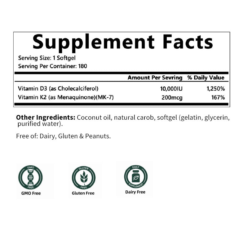 Vitamin D3 K2 with Coconut Oil, D3 10000 IU Plus K2 (MK-7) 200 mcg, Supports Calcium Absorption, Bone Health, 180 Count Softgels